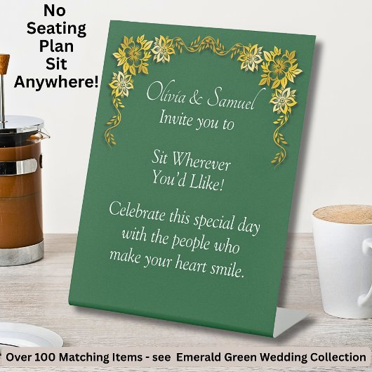 No Seating Chart - Wedding Emerald Green & Gold Reclamebord Met Voetstuk