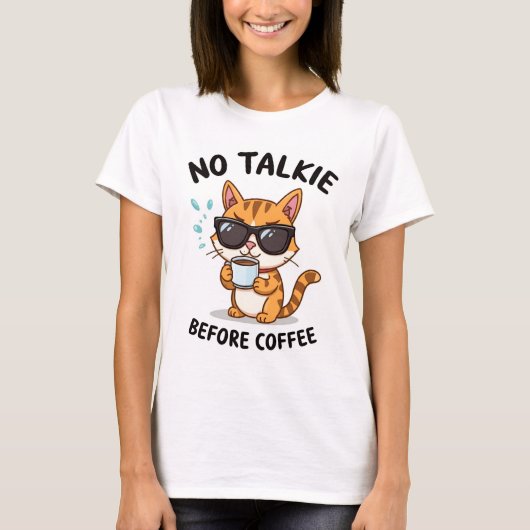 No Talkie Before Coffee" T-shirt — Funny Cat  (Voorkant)