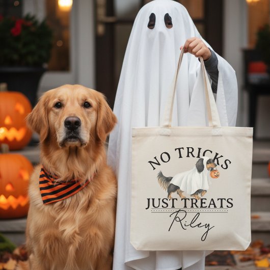 No Tricks Just Treat Funny Pun Ghost Dog Halloween Tote Bag