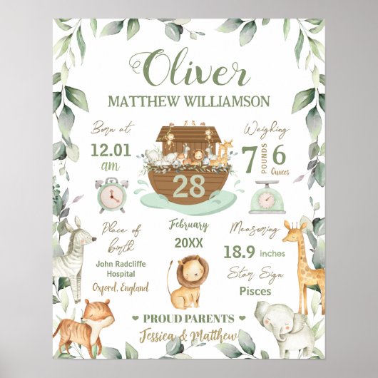 Noachis Ark Geboortestatistieken Babykamer Groene  Poster (Voorkant)