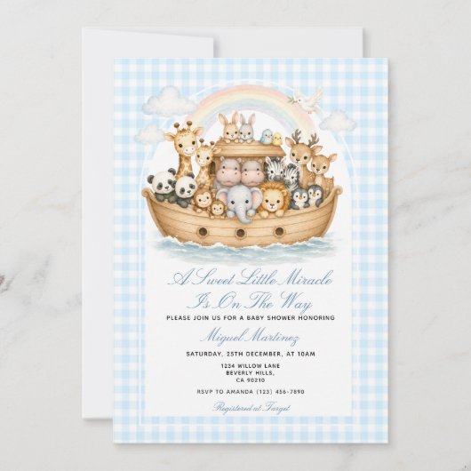 Noach's Ark baby shower uitnodiging jongen Gingham (Voorkant)