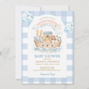 Noach's Ark Blauwe Gingham Regenboog Baby Shower Kaart