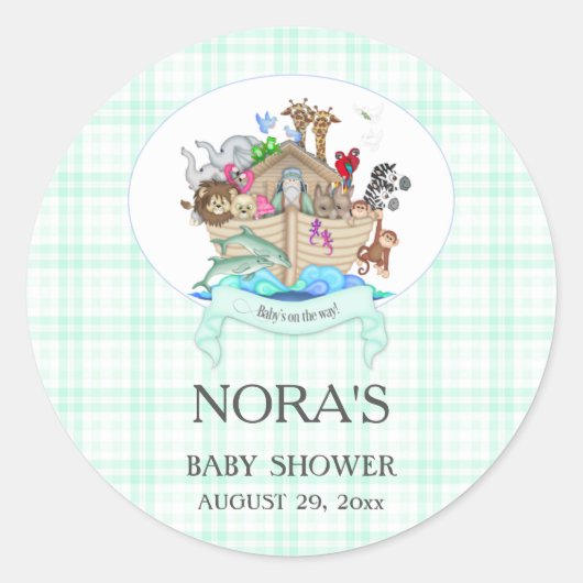 Noach's Ark Dieren Mint Gingham Ronde Sticker (Voorkant)