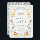 Noach's Ark Dieren Verjaardag Blauwe Uitnodiging<br><div class="desc">Een lieve managerie van vrolijke waterverf oerwoud dieren grenst aan deze schattige verjaardagsuitnodiging. Het is een perfecte uitnodiging voor een baby jongen of meisje. Olifant,  giraf,  leeuw,  zebra,  aap,  vogel,  leguaan. Terug in het grijs met witte stippen.</div>