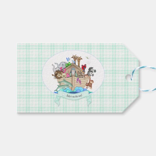 Noach's Ark Mintgroene Gingham Bedankcadeau Cadeaulabel (Voorkant (Horizontaal))