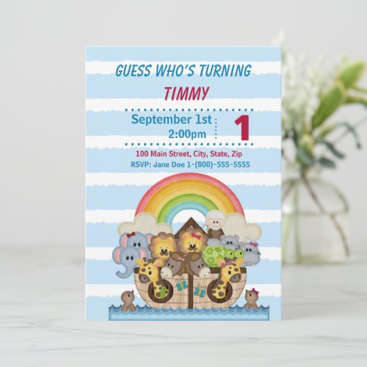 Noah Ark Boy Birthday Party Invitation Kaart (Staand voorkant)