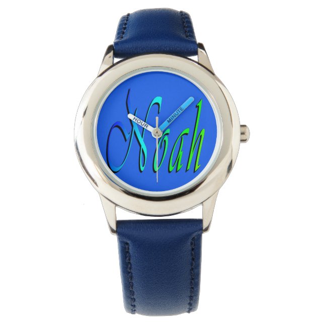 Noah, naam, Logo, blauw lederen horloge van het Aa (Voorkant)