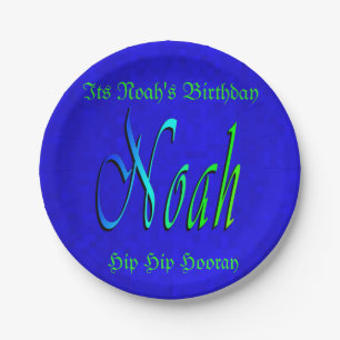 Noah, naam, Logo, Blue Birthday Paper Bord. Papieren Bordje