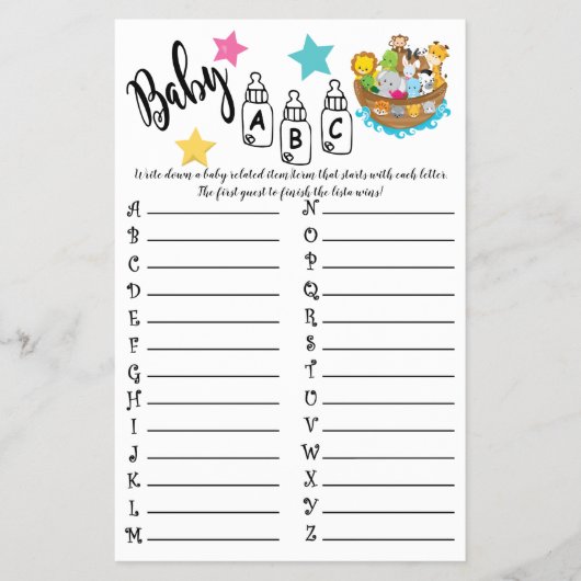 Noah's Ark ABC Baby shower Game Kaart (Voorkant)