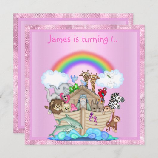 Noahs ark animal uitnodiging PINK (Voorkant / Achterkant)