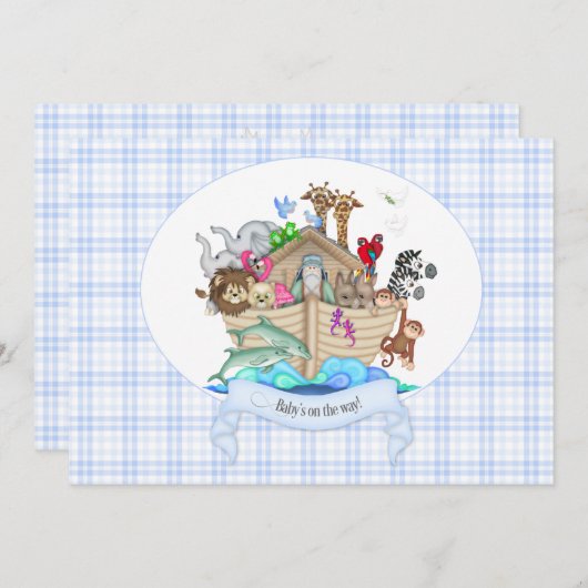 Noah's Ark Animals Blue Gingham Kaart (Voorkant / Achterkant)