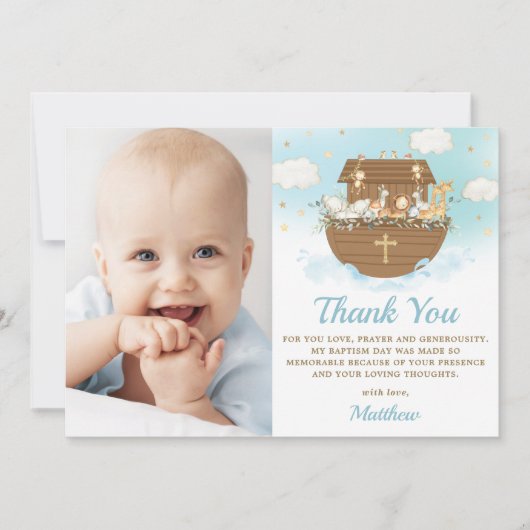 Noah's Ark Animals Boy Baptism Christening Foto Bedankkaart (Voorkant)