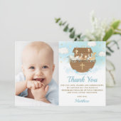 Noah's Ark Animals Boy Baptism Christening Foto Bedankkaart (Staand voorkant)