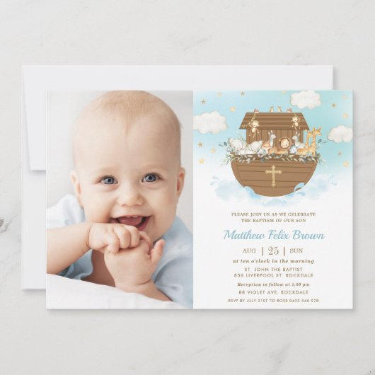 Noah's Ark Animals Boy Baptism Christening Foto Kaart (Voorkant)