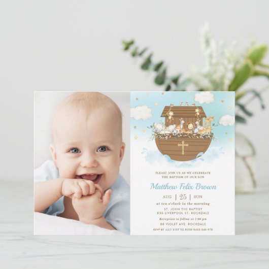 Noah's Ark Animals Boy Baptism Christening Foto Kaart (Staand voorkant)