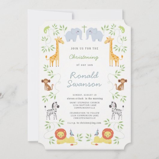 Noah's Ark Animals Christening Uitnodiging (Voorkant)