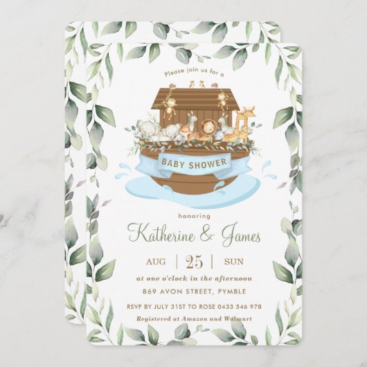 Noah's Ark Animals Greenery Blue Boy Baby shower Kaart (Voorkant / Achterkant)