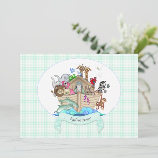 Noah's Ark Animals Mint Green Gingham Kaart (Staand voorkant)