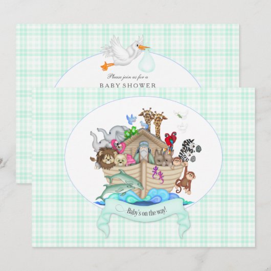 Noah's Ark Animals Mint Green Gingham Kaart (Voorkant / Achterkant)