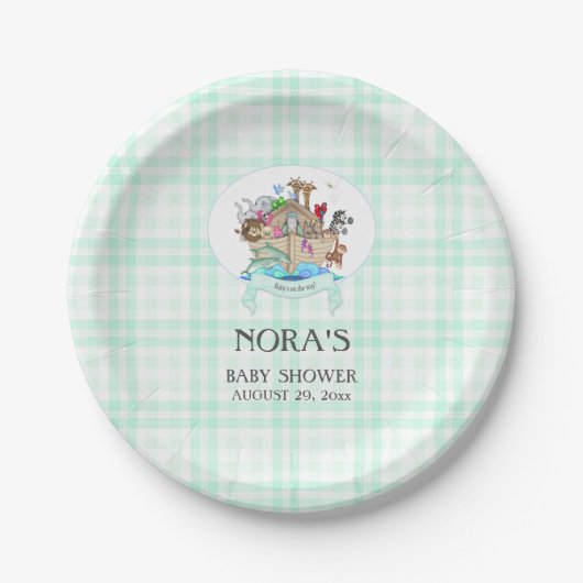 Noah's Ark Animals Mint Green Gingham Papieren Bordje (Voorkant)