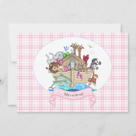 Noah's Ark Animals Roze Gingham Kaart (Voorkant)
