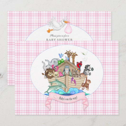 Noah's Ark Animals Roze Gingham Kaart (Voorkant / Achterkant)