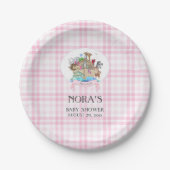 Noah's Ark Animals Roze Gingham Papieren Bordje (Voorkant)