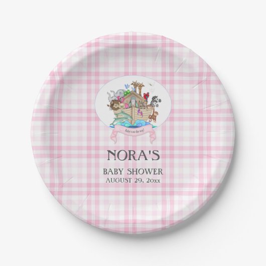 Noah's Ark Animals Roze Gingham Papieren Bordje (Voorkant)