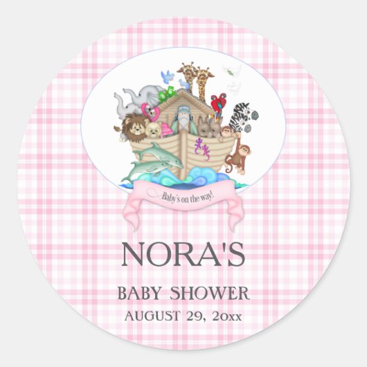 Noah's Ark Animals Roze Gingham Ronde Sticker (Voorkant)