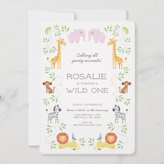 Noah's Ark Animals Verjaardag Roze Uitnodiging (Voorkant)