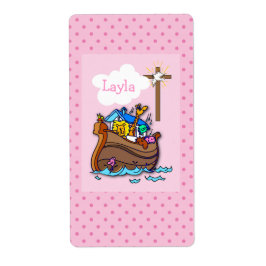  Noah's Ark Baby Baptisme, Girl Pink Etiket