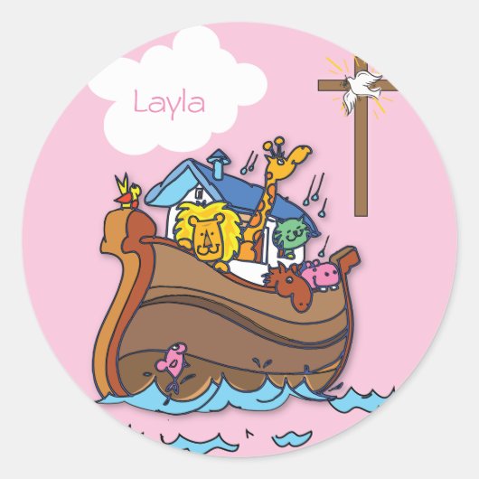 Noah's Ark Baby Baptisme, Girl Pink Ronde Sticker (Voorkant)