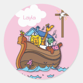  Noah's Ark Baby Baptisme, Girl Pink Ronde Sticker