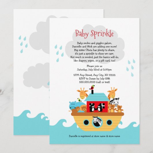 Noah's Ark Baby besprenkel uitnodiging, baby showe Kaart (Voorkant / Achterkant)