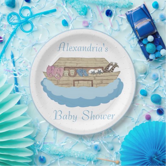 Noah's Ark Baby Boy Blauw Baby shower Papieren Bordje (Feest)
