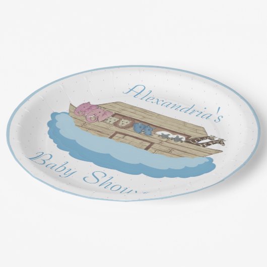 Noah's Ark Baby Boy Blauw Baby shower Papieren Bordje (Gekanteld)