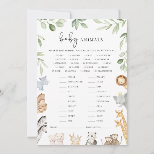 Noah's Ark Baby shower Baby Dier Match Spel Kaart (Voorkant)
