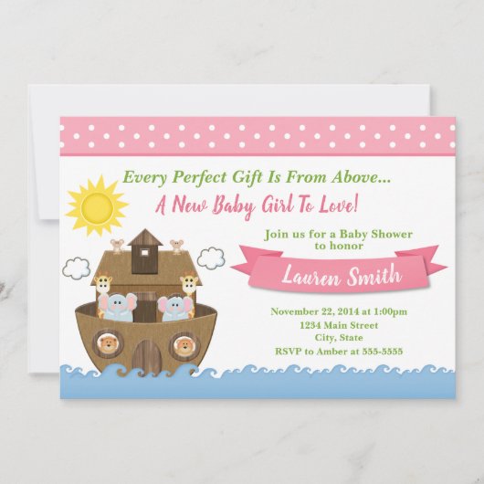 Noah's Ark Baby shower Invitation Girl Baby shower Kaart (Voorkant)