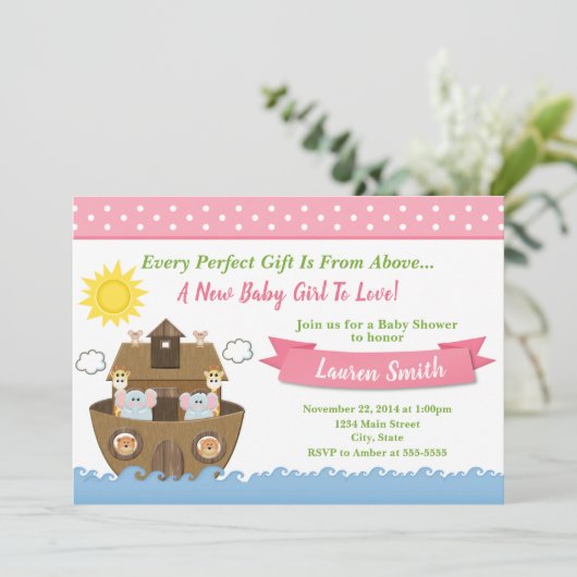 Noah's Ark Baby shower Invitation Girl Baby shower Kaart (Staand voorkant)