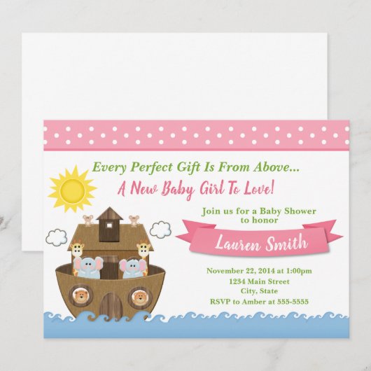 Noah's Ark Baby shower Invitation Girl Baby shower Kaart (Voorkant / Achterkant)