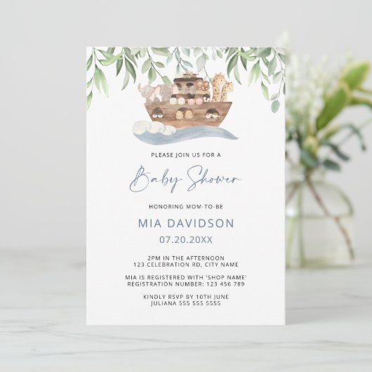 Noah's Ark Baby Shower Uitnodiging met groen decor (Staand voorkant)