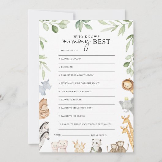 Noah's Ark Baby shower Wie weet mama beste spel Kaart (Voorkant)