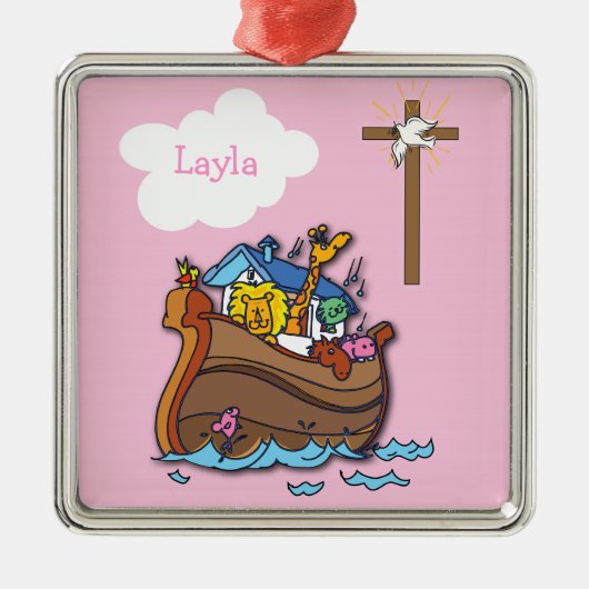 Noah's Ark Baptism, Girl Pink Metalen Ornament (Voorkant)