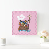  Noah's Ark Baptism, Girl Pink Vierkante Klok (Huis)