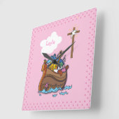  Noah's Ark Baptism, Girl Pink Vierkante Klok (Hoek)