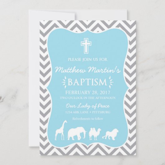 Noah's Ark Baptism Invitation Blue Gray Chevron Kaart (Voorkant)