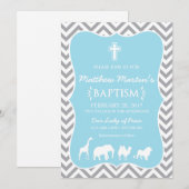 Noah's Ark Baptism Invitation Blue Gray Chevron Kaart (Voorkant / Achterkant)
