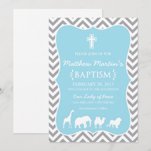 Noah's Ark Baptism Invitation Blue Gray Chevron Kaart (Voorkant / Achterkant)