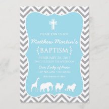 Noah's Ark Baptism Invitation Blue Gray Chevron