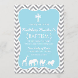 Noah's Ark Baptism Invitation Blue Gray Chevron Kaart